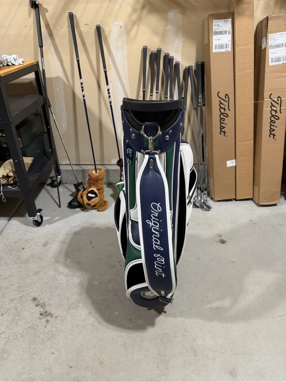 Malbon Golf Buckets Club Stand Bag Green Navy White + Rain Cover